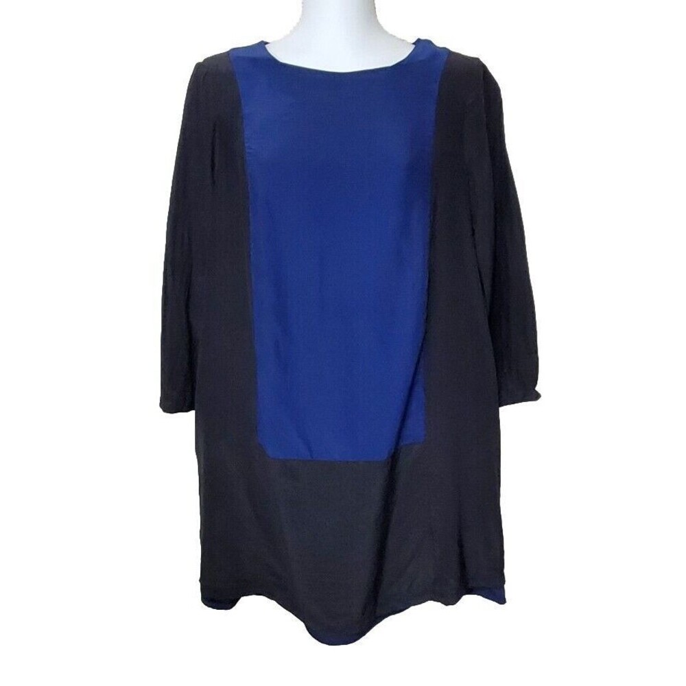 Madewell Dress Medium Silk Blue Black Colorblock Shift Pocket Silk Blend Lined